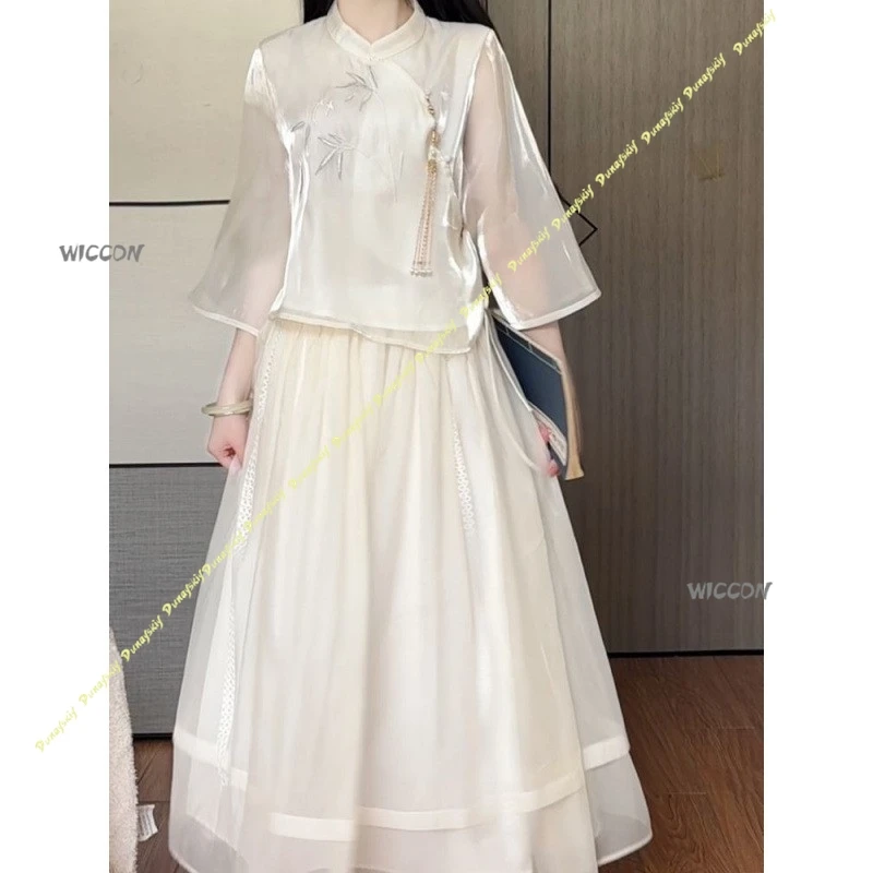 

Новая китайская женская куртка Hanfu с пластиной и пуговицами в национальном стиле, юбка, белое шифоновое верхнее платье, повседневный костюм для девочек, Рождество, Хэллоуин