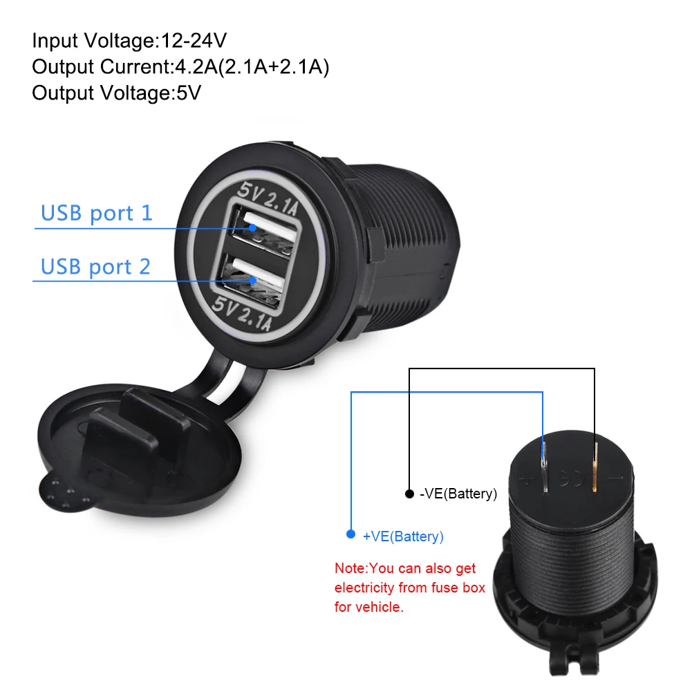 12V-24V USB Outlet Waterproof Charger Socket USB Charging Port for Car Marine Boat 4.2A Dual USB Car Cigarette Lighter Socket