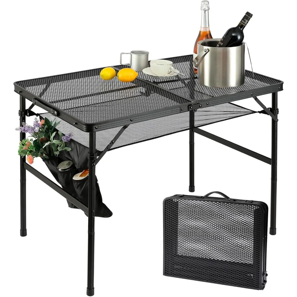

Folding Metal Camping Table with Mesh Layer, Portable & Lightweight Grill Table for Outdoor, 2 Adjustable Heights, Metal Mesh Ta