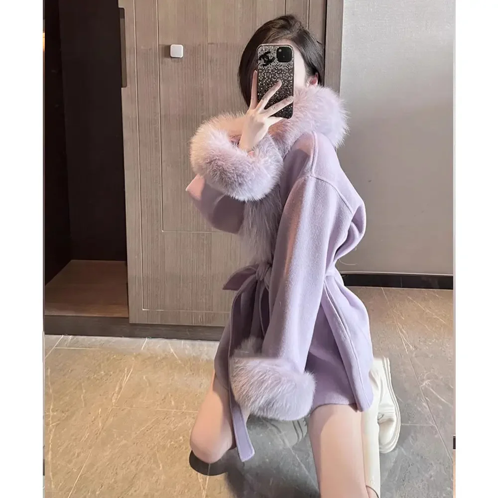Shpmishal Korean Fashion Purple Woolen Coat Women's Winter New Large Haired Collar Waist Fur Coats Female Clothing