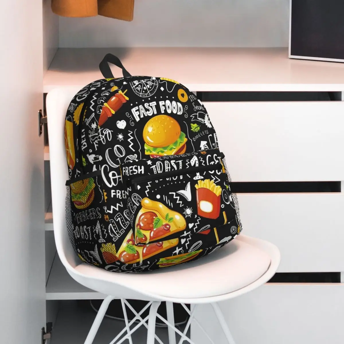 Cute Burger Fries Pizza Pattern Backpack Student BookBag Kids School Bag Computer Shoulder Bags for Boys Girls