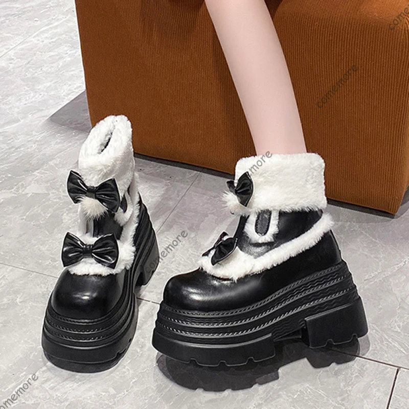 

Comemore Bowknot Women Ankle Snow Boots Platform Fur Wedges Shoes Fashion Chelsea Short Plush Woman Winter Goth Boties Mujer