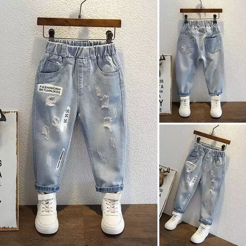 Boys Jeans for Children's Wear Spring and Autumn 2024 New Baby Fashion Korean Fit Long Pants for Children's Hole Jeans 2-9Y