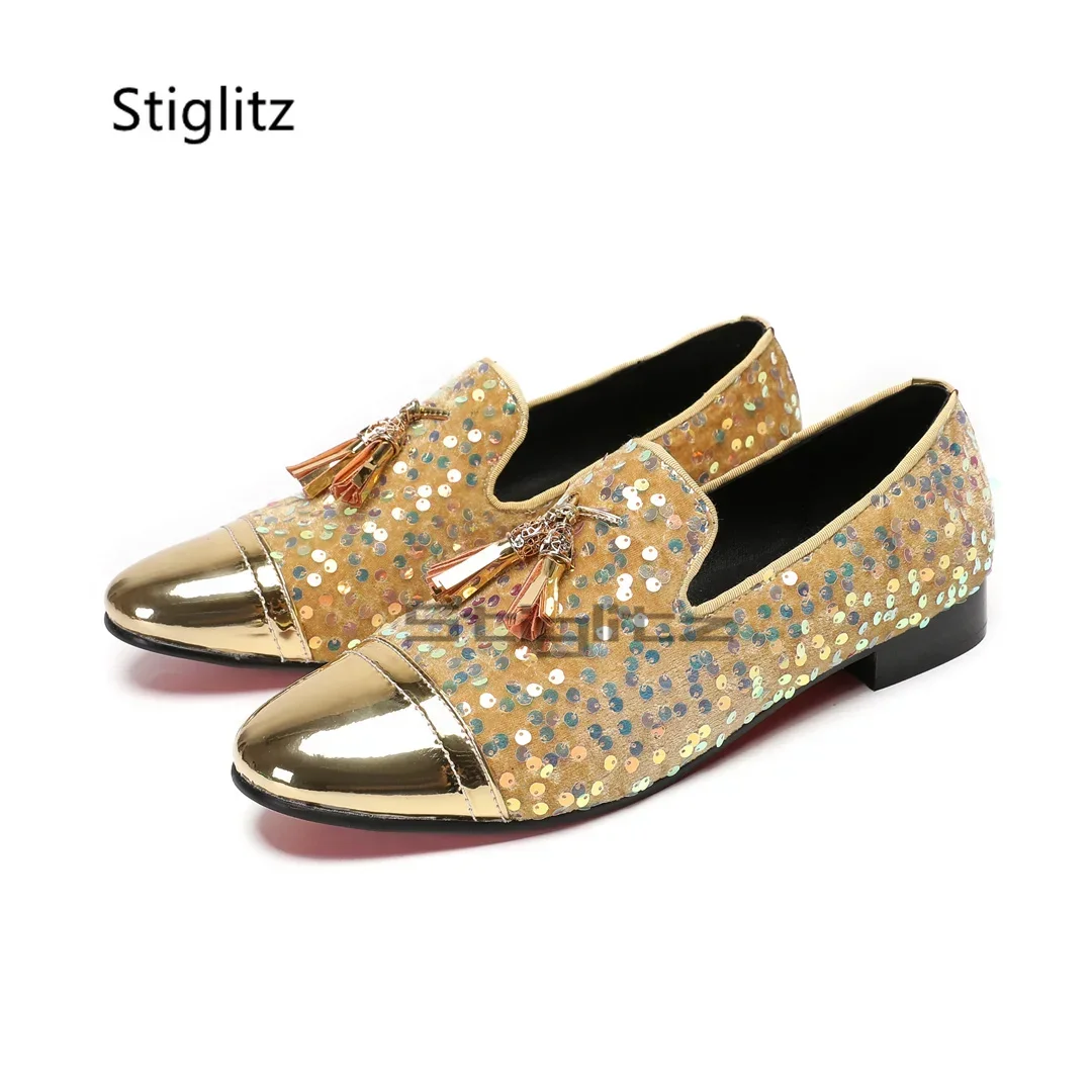 Glitter Sequin Fringe Men's Shoes Round Toe Black Blue Gold Casual Tassel Loafers Comfortable Luxury Men's Social Shoes Catwalk