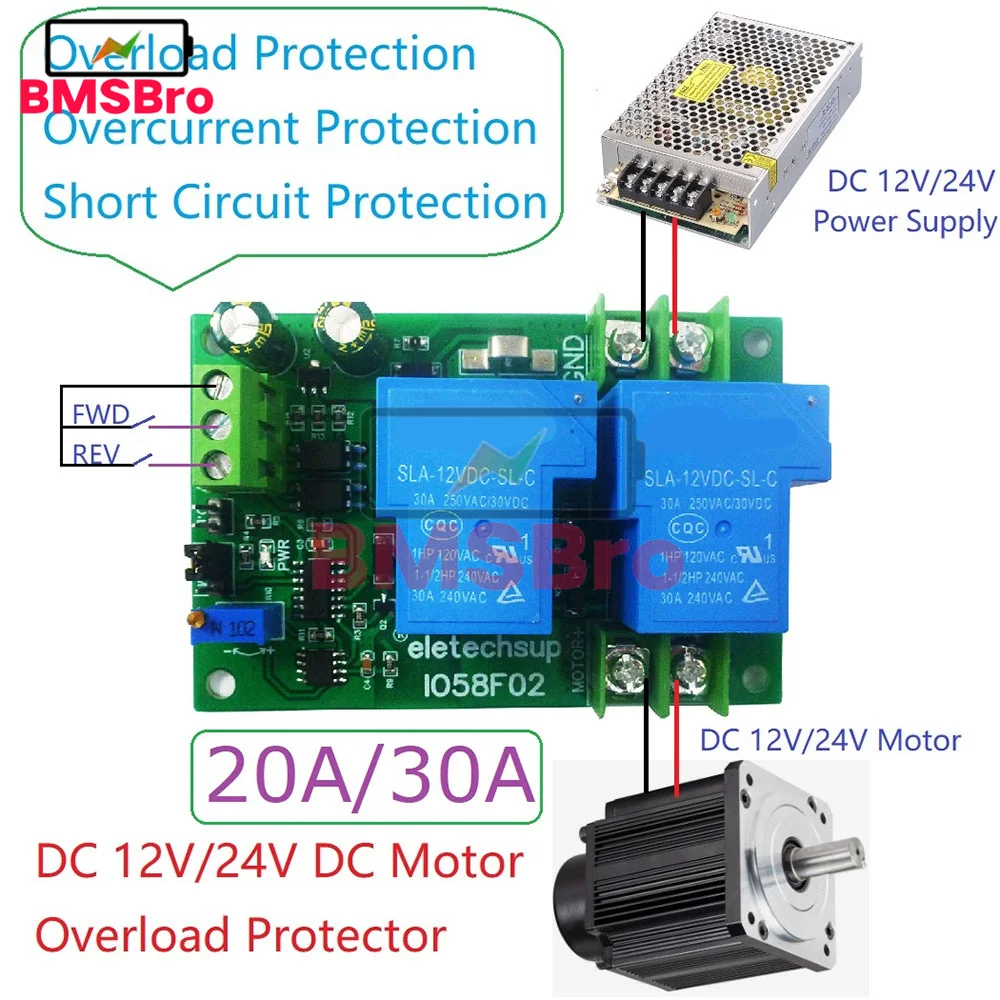 Forward Reverse Controller 10A 20A 30A DC 12V 24V Brushed Motor Overload Overcurrent Short Circuit Protector