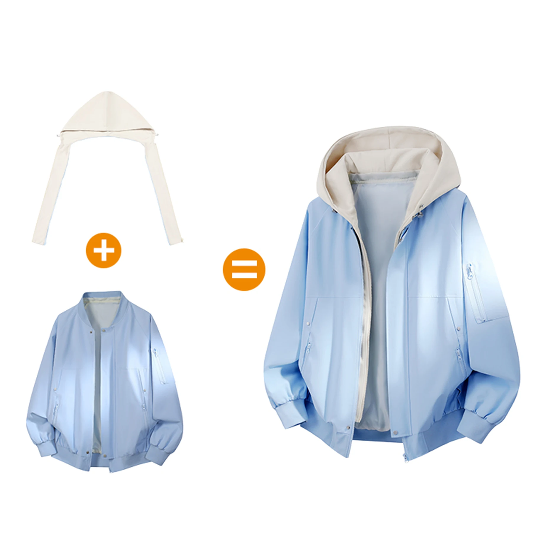 2026 Women's Solid Color Detachable Hood Faux Two-Piece Jacket — Zip Sleeve Pockets, Multi-Color, Outdoor Casual