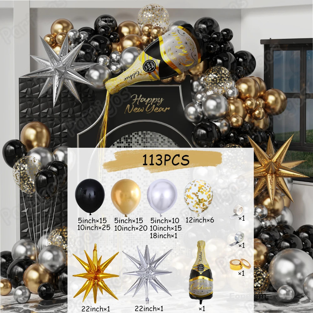 113Pcs Black Gold Wine Bottle Balloon Garland Arch Kit Explosion Star Foil Balloon New Year Christmas Family Party Decor 2025