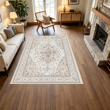 Neutral Beige Vintage Floral Persian Square Carpet Non-Slip Rug, Suitable for Living Room, Bedroom, and Home Interior Decoration