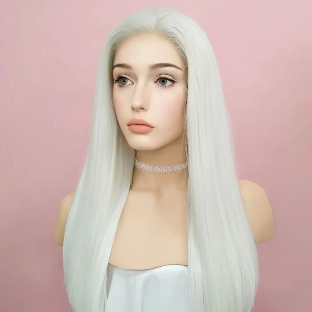 

Transparent Lace Front Synthetic Hair Wigs for White Women Cosplay Lolita Glueless Long Straight White Blonde Lace Wigs Natural