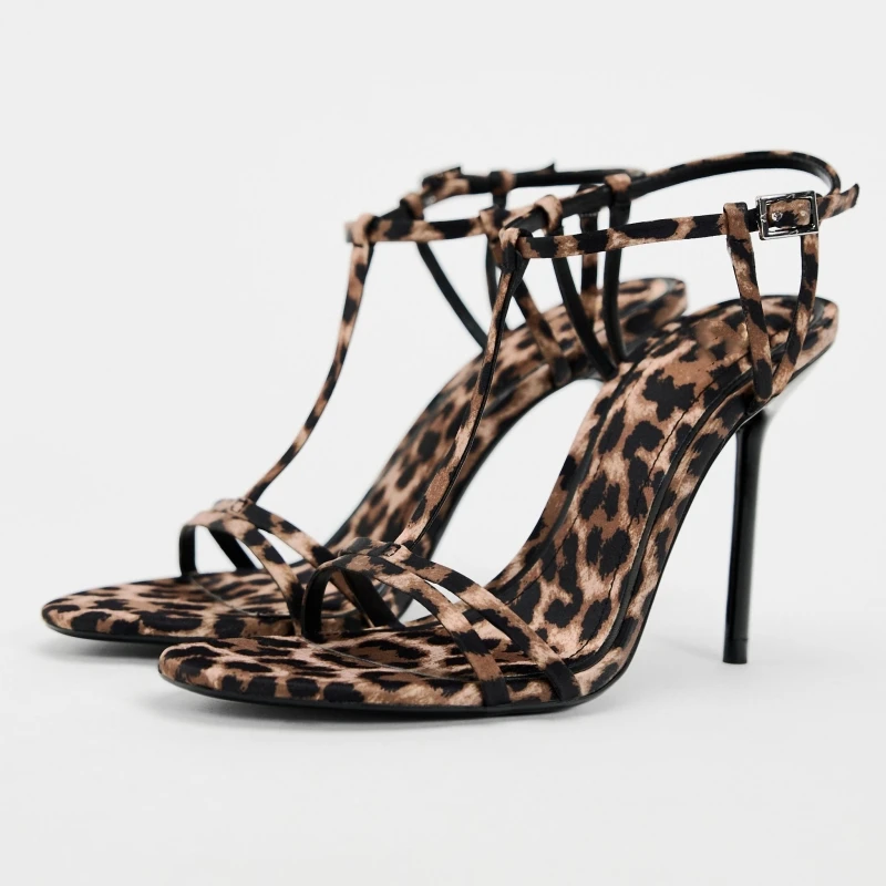 

New Summer Women's High-heeled Sandals Leopard Print Round Toe Stilettos One-strap Fashionable Sexy High Heels