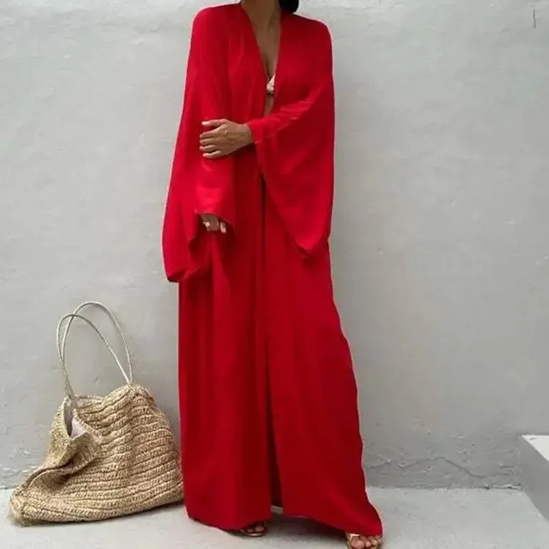 ชุดคลุมชายหาดสีพื้นสำหรับผู้หญิง ชุดว่ายน้ำลำลองสไตล์กิโมโนโอเวอร์ไซส์ รุ่นใหม่ปี 2025 ชุดคลุมบิกินี่