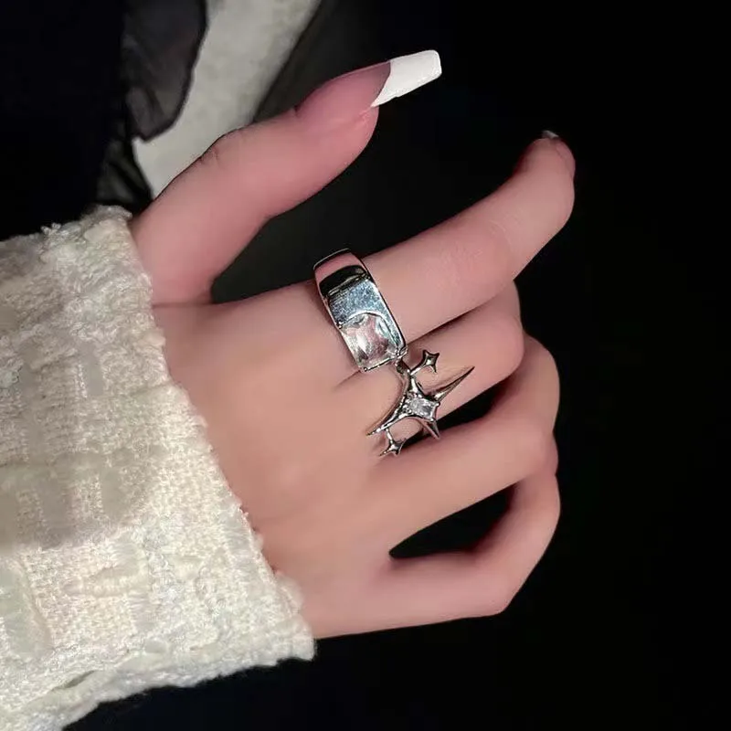 Vintage Irregular Cross Star Couple Ring for Women Men Punk Gothic Sliver Color Adjustable Rings Y2K Egirl Jewelry Gift image 3