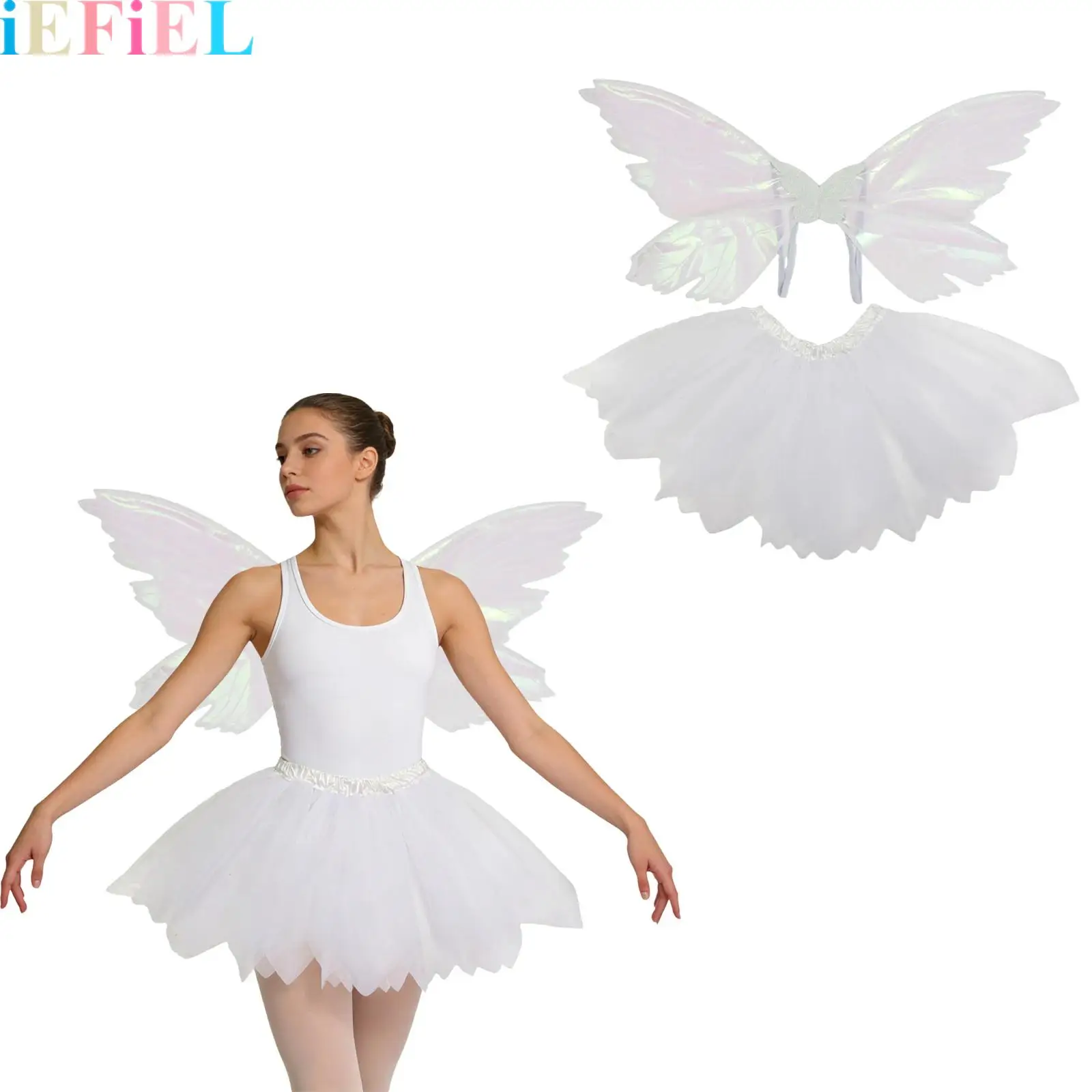 

Women Two-piece Set Butterfly Fairy Wings with Elastic Waistband Color Block Tulle Skirt for Stage Performance Theme Party