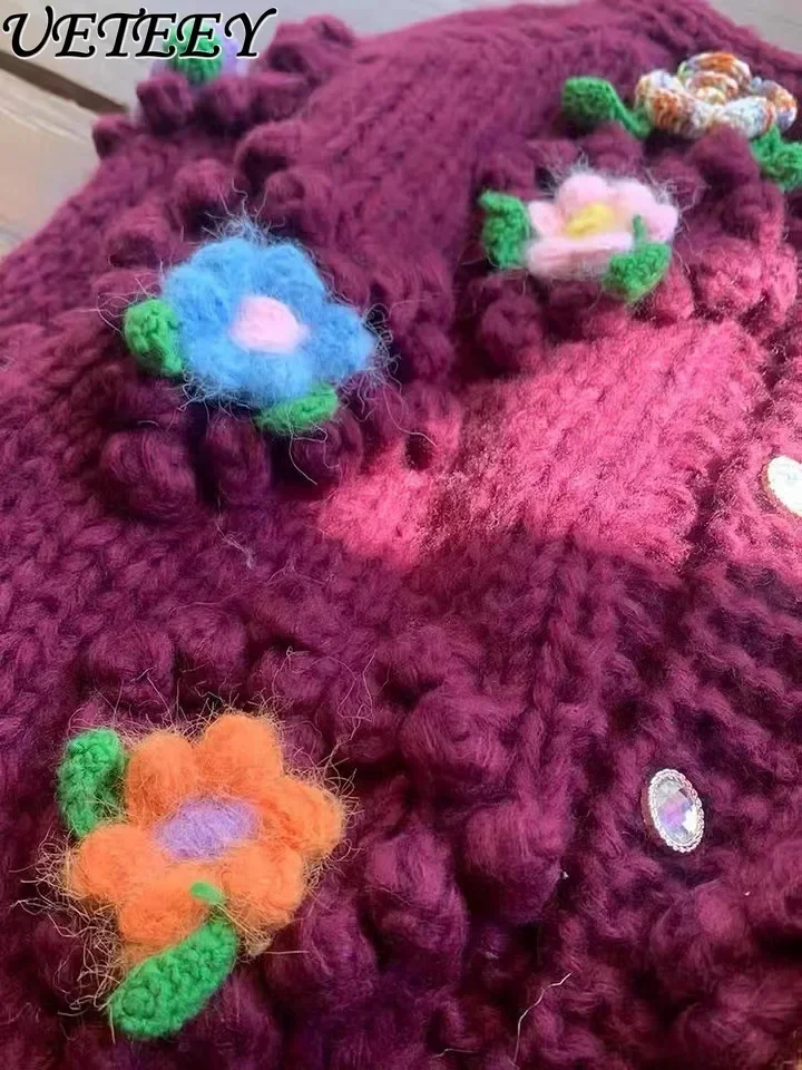 2025 Autumn Winter Thick Stick Needle Handmade Crochet Thickened Knitted Cardigan Sweet Flower Loose and Thin Sweater Jacket