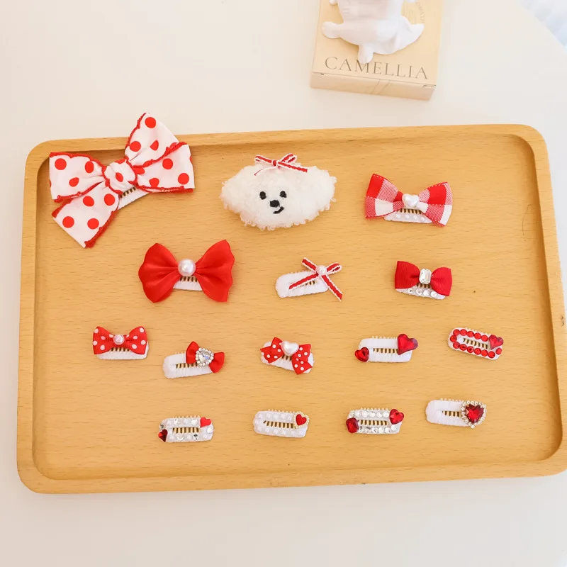 Pet Handmade Checkered BB Clip Hair Clips Long Hair Cat Maltese Small Dog Water Diamond Love Headpiece Puppy Accessories