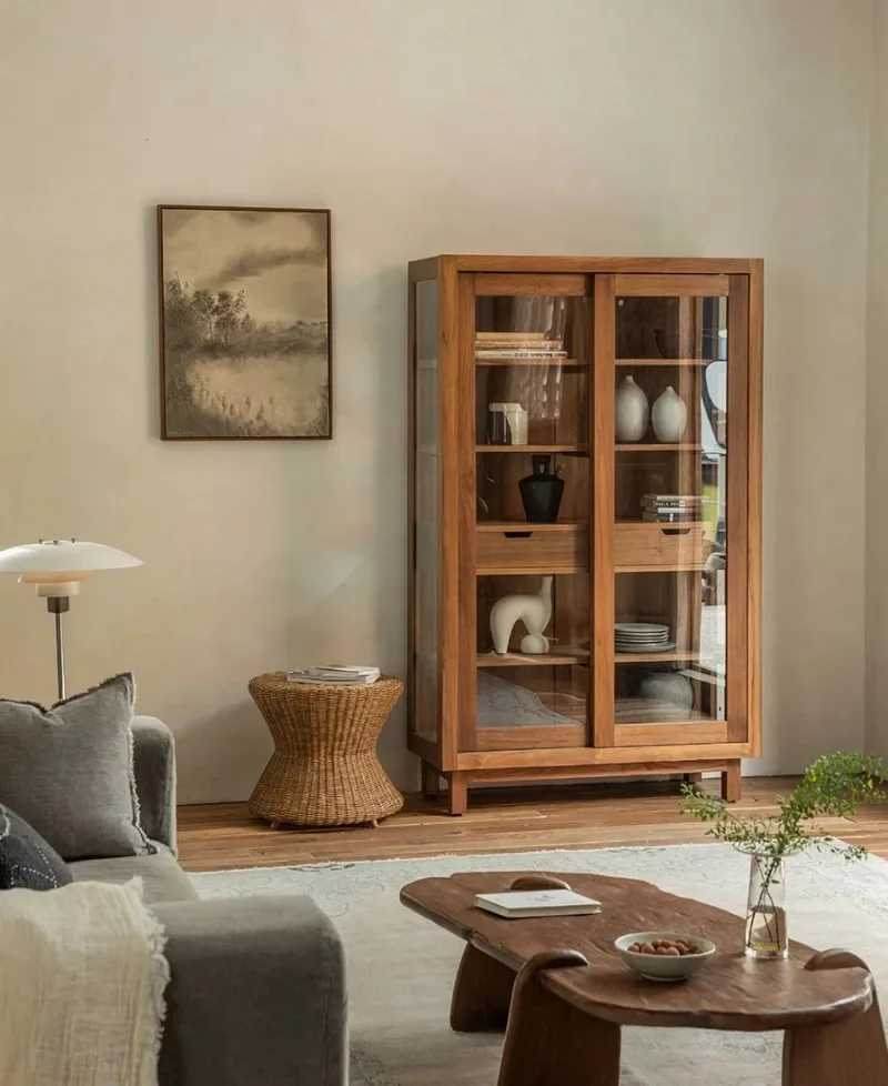 

Nordic retro wine cabinet medium antique bookcase all solid wood glass locker display cabinet