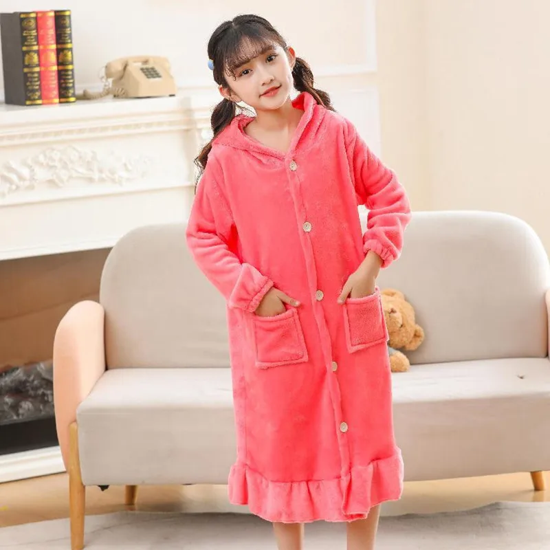 

Girls Bathrobes Hooded Winter Flannel Bath Robes Towel Lace Pajamas Gown Family Home Clothes 3-15T