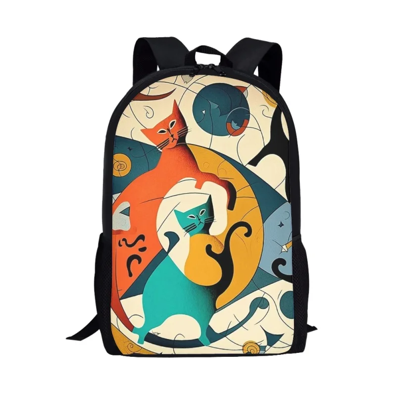 Funny Abstract Cat School Backpack Kids Teenagers School Bags Art Design Boys Girls Bookbag for Elementary Students 16 Inches