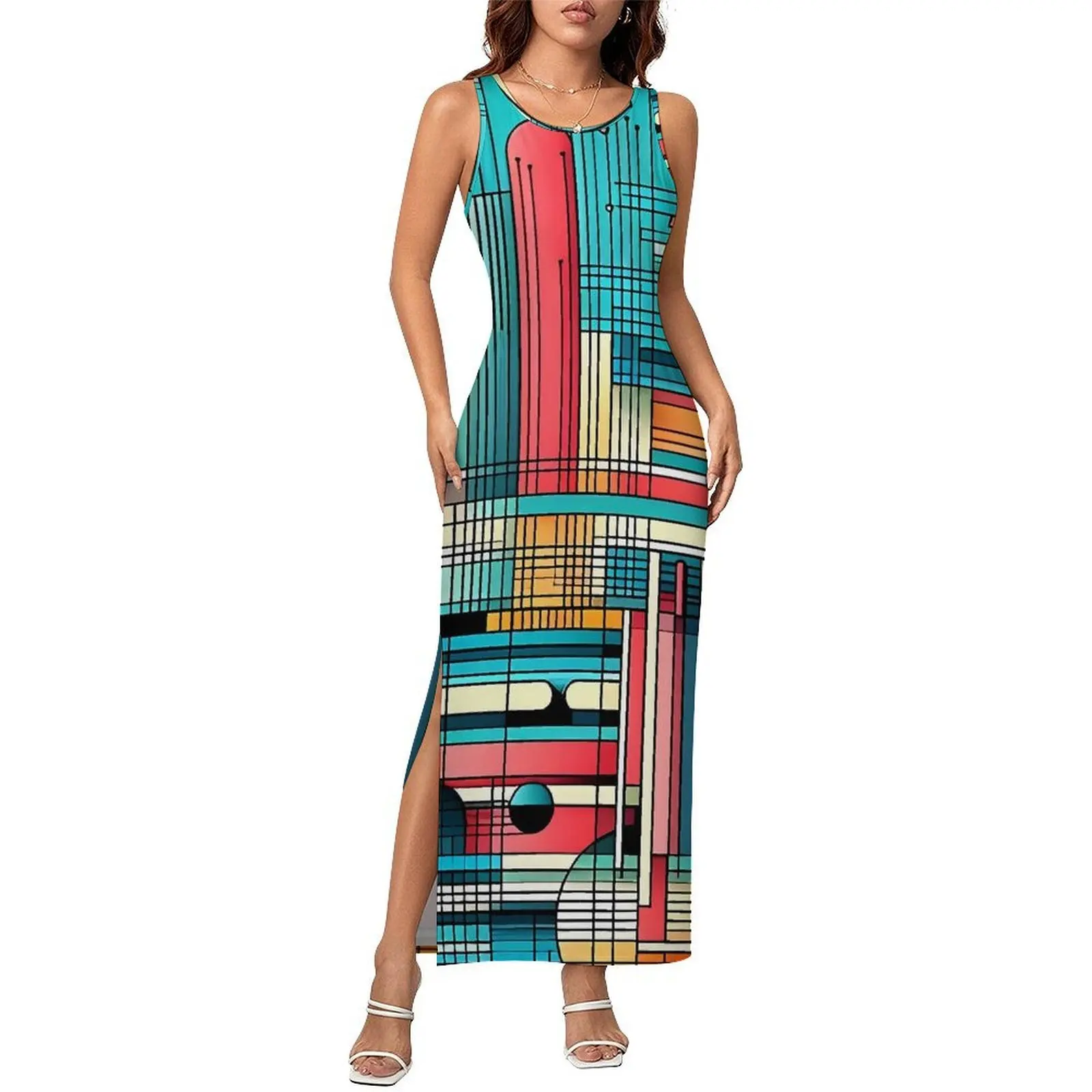 Contrast Color Bodycon Dress Holiday Geometry Print Casual Maxi Dresses Women Sleeveless Graphic Streetwear Dress 2XL 3XL 4XL