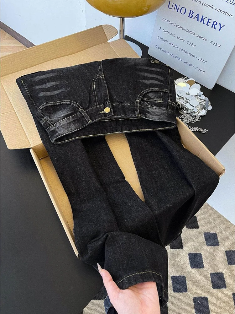 

Spicy girl retro fashion denim micro flared pants women's spring new low waist design sense pleated casual versatile pants