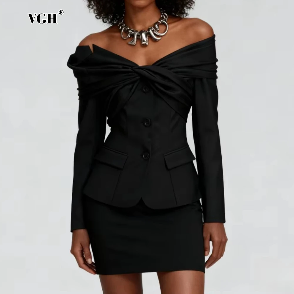 

VGH High End Spliced Bowknot Blazer for Women Slash Neck Long Sleeves Spliced Pocket Slimming Office Fashion Coat Female Clothes