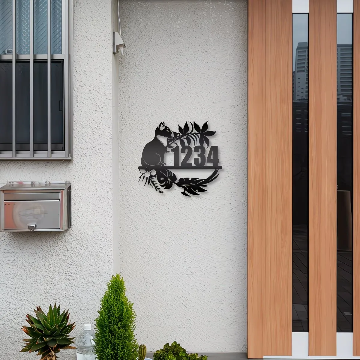 Customizable Lazy Cat Theme Wrought metal Address Plaque - Wall-Mounted House Number Sign, Classic Style, for Front Door Decor - view 4