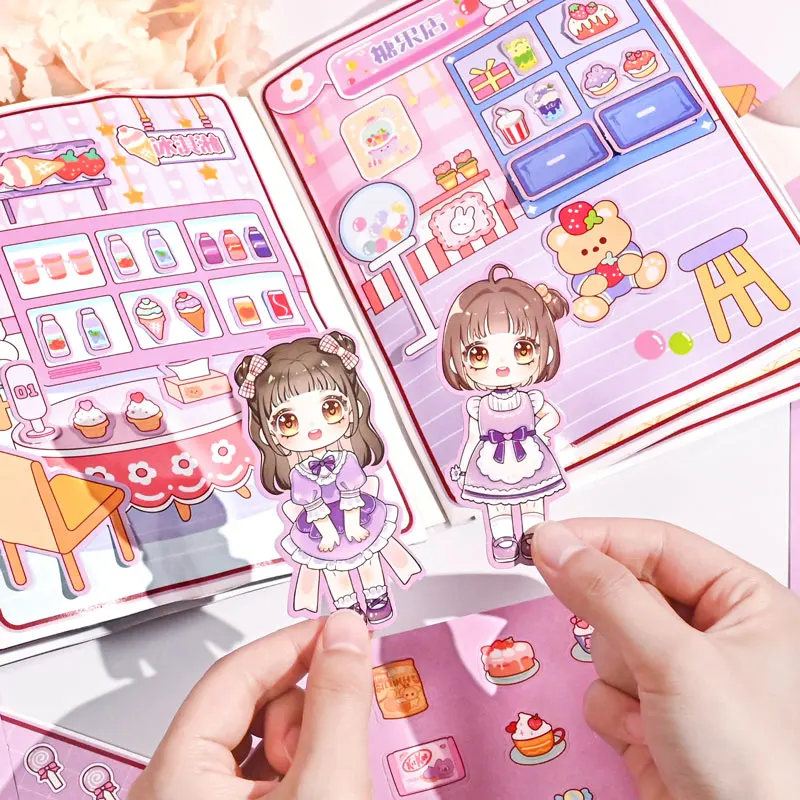 23Pcs Cute Candy Shop Quiet Book Paper Stickers, Cartoon Girl Dress Up Game Scene Handmade DIY Decals