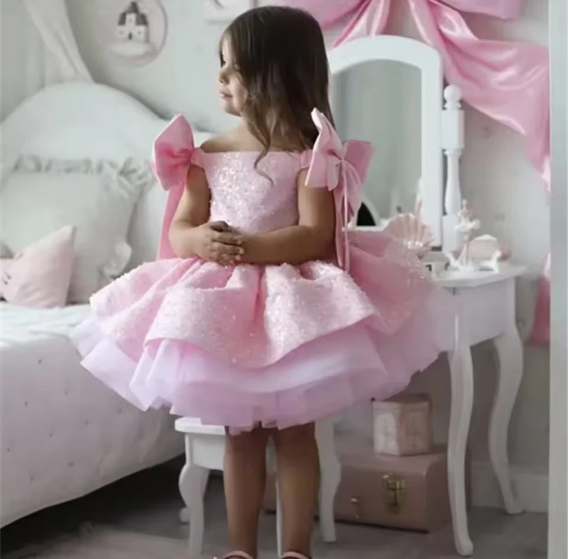 

Girls Princess Dresses New 2025 Pink Flower Girl Wedding Dress Off Shoulder Tutu Skirt Short Bow Sequined Ball Gowns Customized