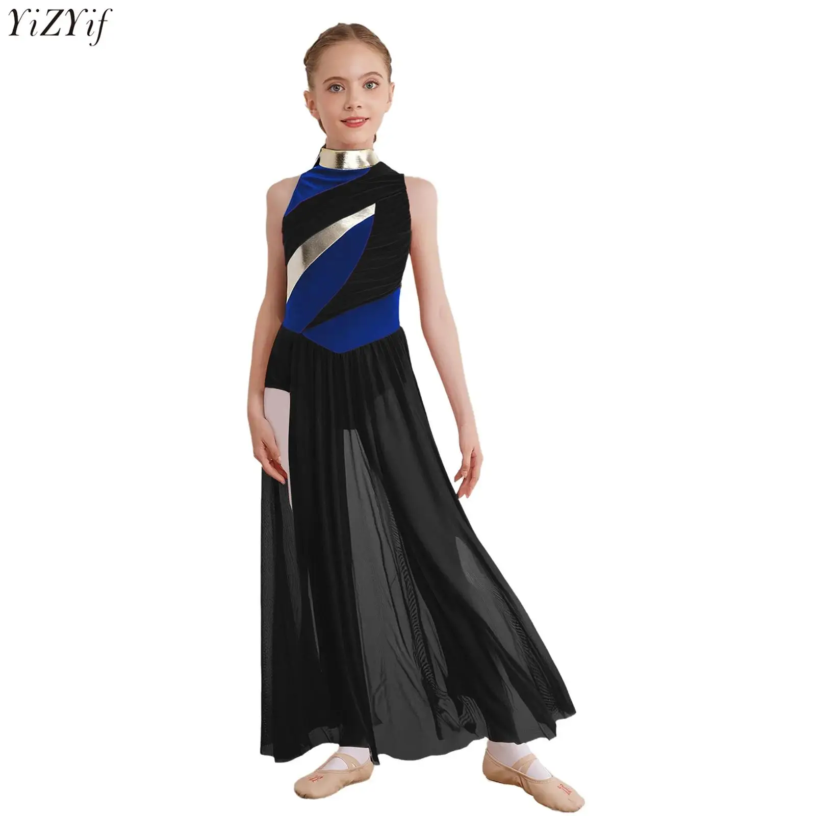 Kids Girls Modern Dance Dress Sleeveless Ruched Mesh Overlay Bodice Split Color Block Contemporary Lyrical Dance Leotard Dress