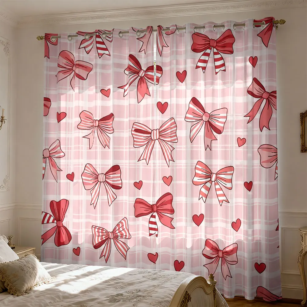 2pcs Beautiful Bow 90g Printed Perforated Curtains Living Room Bedroom Summer Shade Multi Size Fashionable Home Decoration