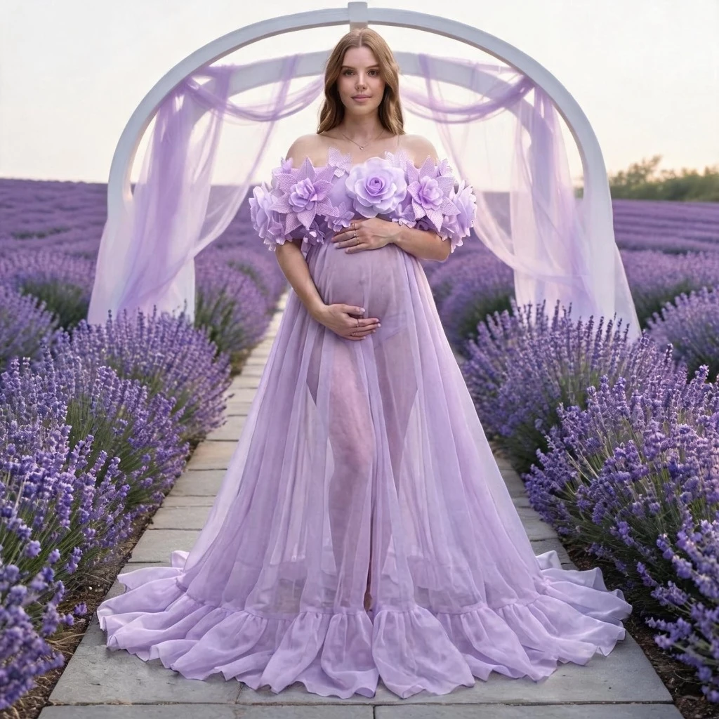 Purple Maternity Photography Dress 3D Floral Off Shoulder Sheer Organza Pregnancy Gown for Photo Shoot YD260905