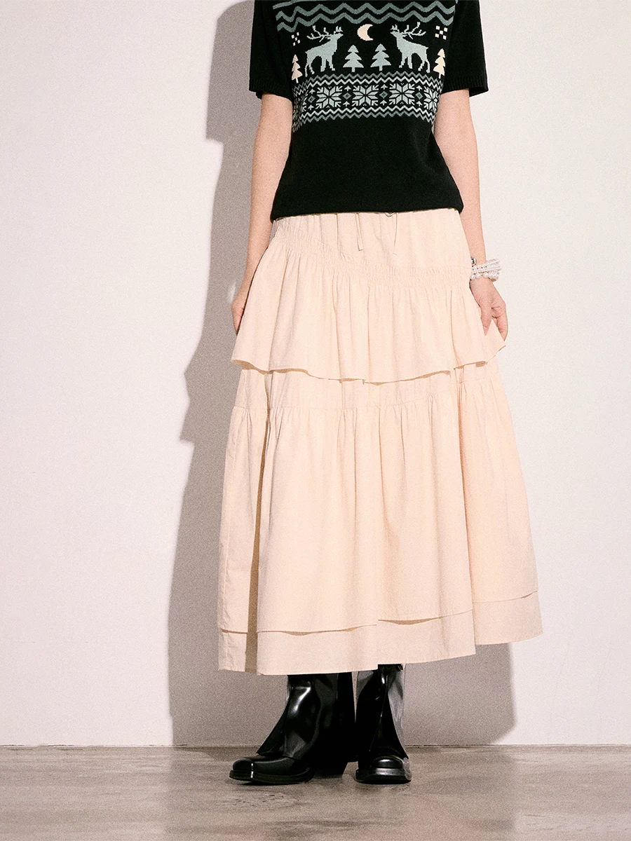 

Loose A-Line Long Skirt Women's College Style Multi-Layer Cake Skirt Spring 2025 Pure Color Cotton Blend Cream Kitten