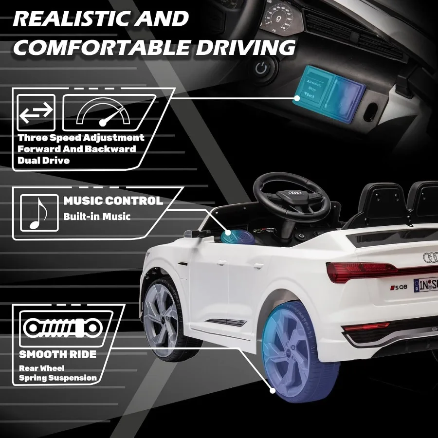 12V 정품 아우디 SQ8 전동차 - 리모컨 포함 듀얼 드라이브 소프트 스타트 3단 속도 조절 음악 LED 라이트 배터리 전원