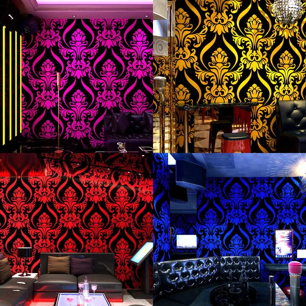 3D Embossed Waterproof Black Gold Shiny Luxury European Damask Wallpaper for KTV Wall Decor