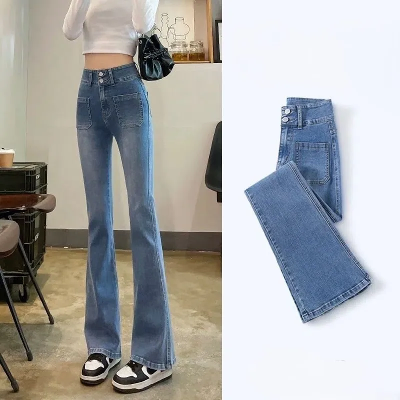 

Джинсы Bootcut, синие женские рваные расклешенные корейские осенние костюмы, женская одежда специального качества, мягкая текстурированная современная облегающая драпированная одежда