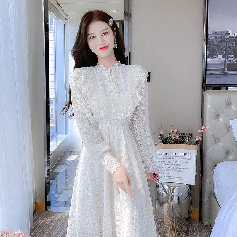 Elegant Sweet Vintage Solid Lace Women Midi Dresses for 2023 New Autumn Fashion Long Sleeved Cute Party Birthday Fairy Dress