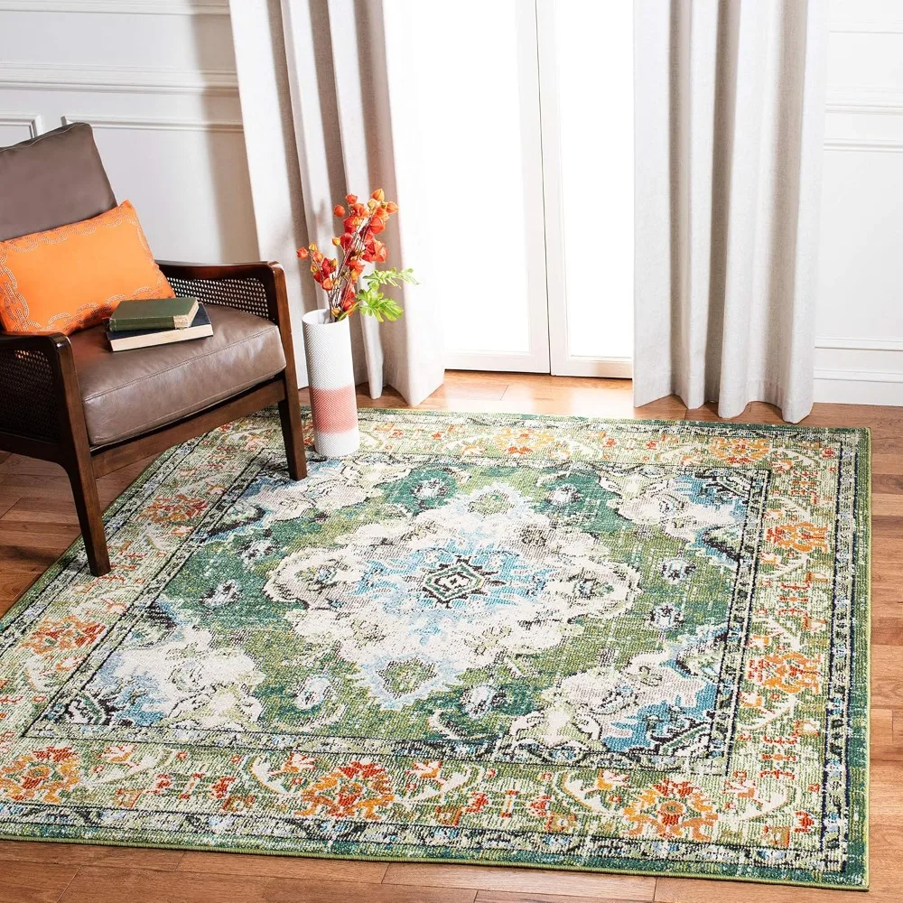 Collection Area Rug - 12' Square, Forest Green & Light Blue, Medallion Distressed Design, Non-Shedding & Easy Care, for Bedroom