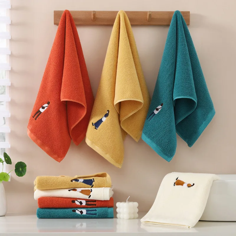 Minimalist Cotton Face Towel with Embroidered Cartoon Characters, Couple-themed Bath Towel and Daily-use Facial Towel Set