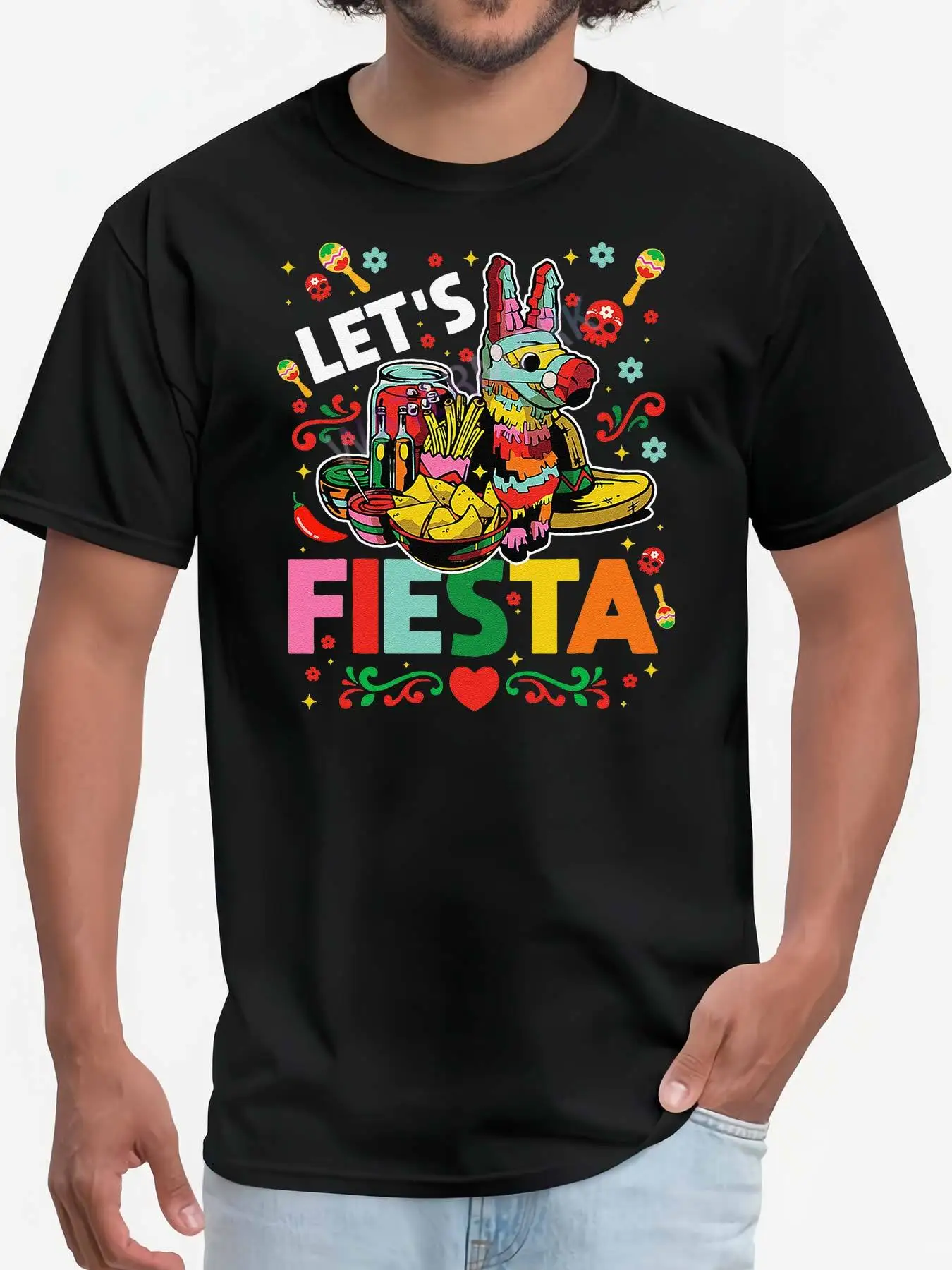تي شيرت Let's Fiesta Graphic للرجال كاجوال من القطن برقبة دائرية وأكمام قصيرة