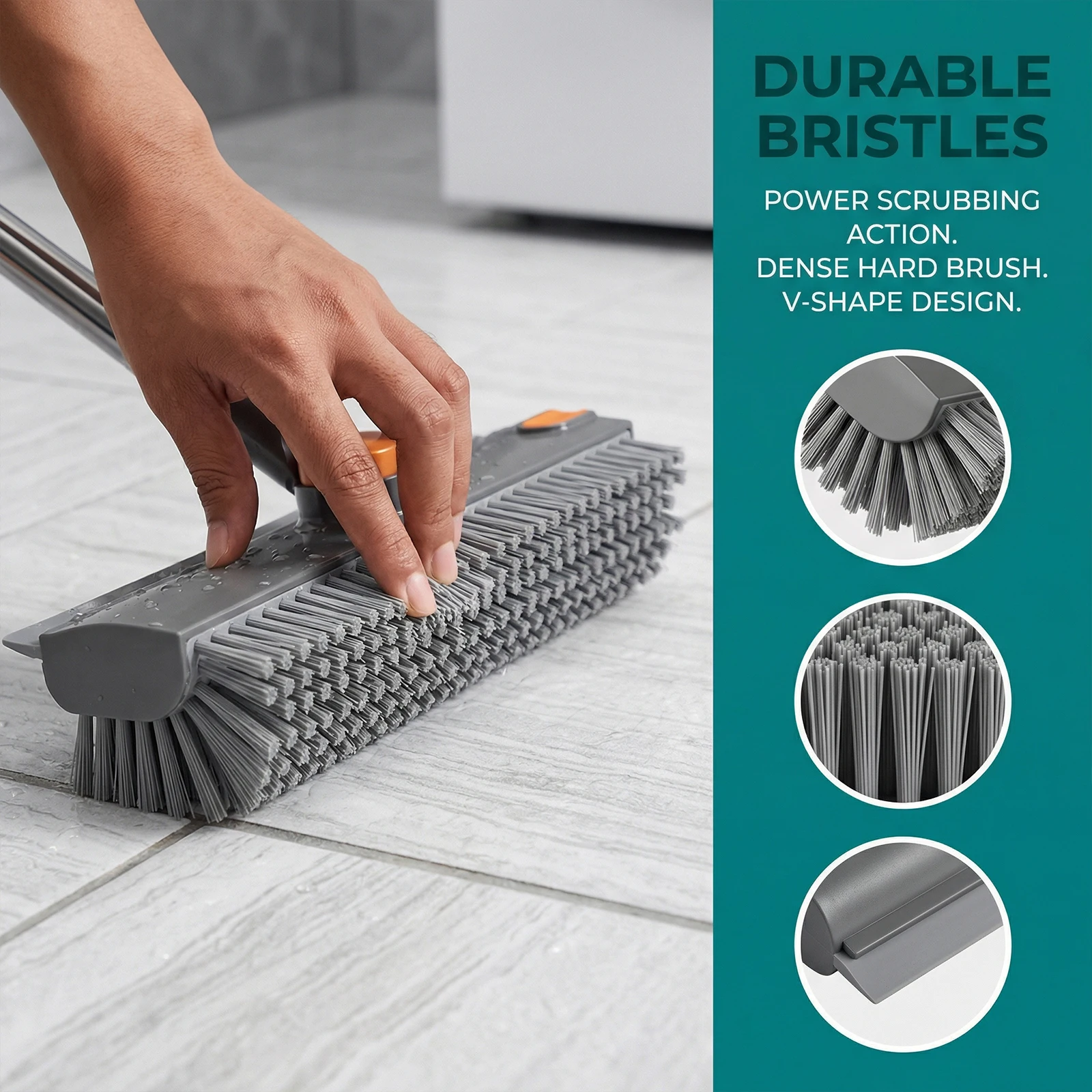 

3 in 1 Scrape Brush with Long Handle Floor Scrubber Broom with Squeegee and Tweezer for Cleaning Bathroom Patio Garage Kitchen