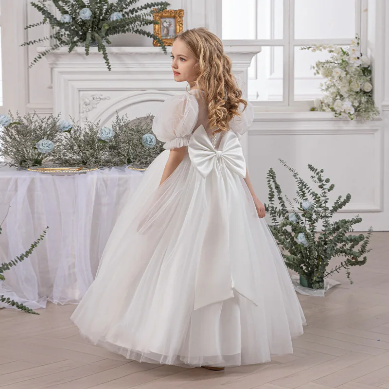 Big Bowknot Princess Dress Flower Girl Wedding Dress Bridesmaid Elegant White Dress For Girls Baptismal Costume Evening Gown