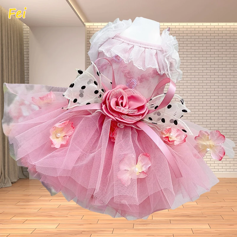 

2025 New Puppy Dog Cats Outfits Fashion Black Pink Hollow Lace Flower Princess Dresses For Small Medium Dog Poodle Pet Clothes