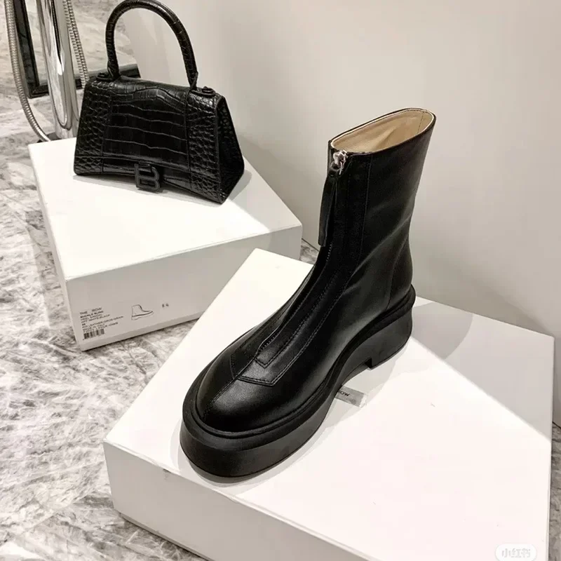 Female 2024 Autumn/Winter Front Zipper Leather Thick Sole Ankle Boots British Style Thick Heel Fashion Plush Women's Short Boot