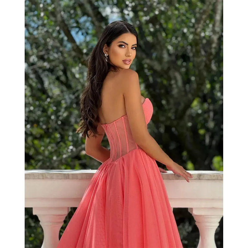 Coral Pink Prom Dress A-Line Sweetheart Evening Dress Elegant Illusion Bodice Dress for Special Occasions Backless Split Dress