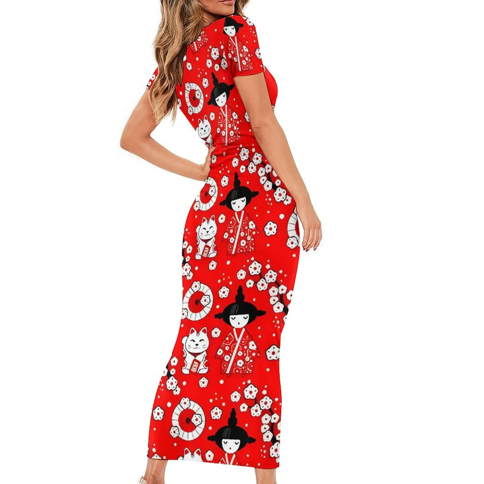 Red Japanese Dolls Bodycon Dress Summer Kokeshi and Maneki Neko Cats Retro Maxi Dresses Lady Short Sleeve Design Aesthetic Dress