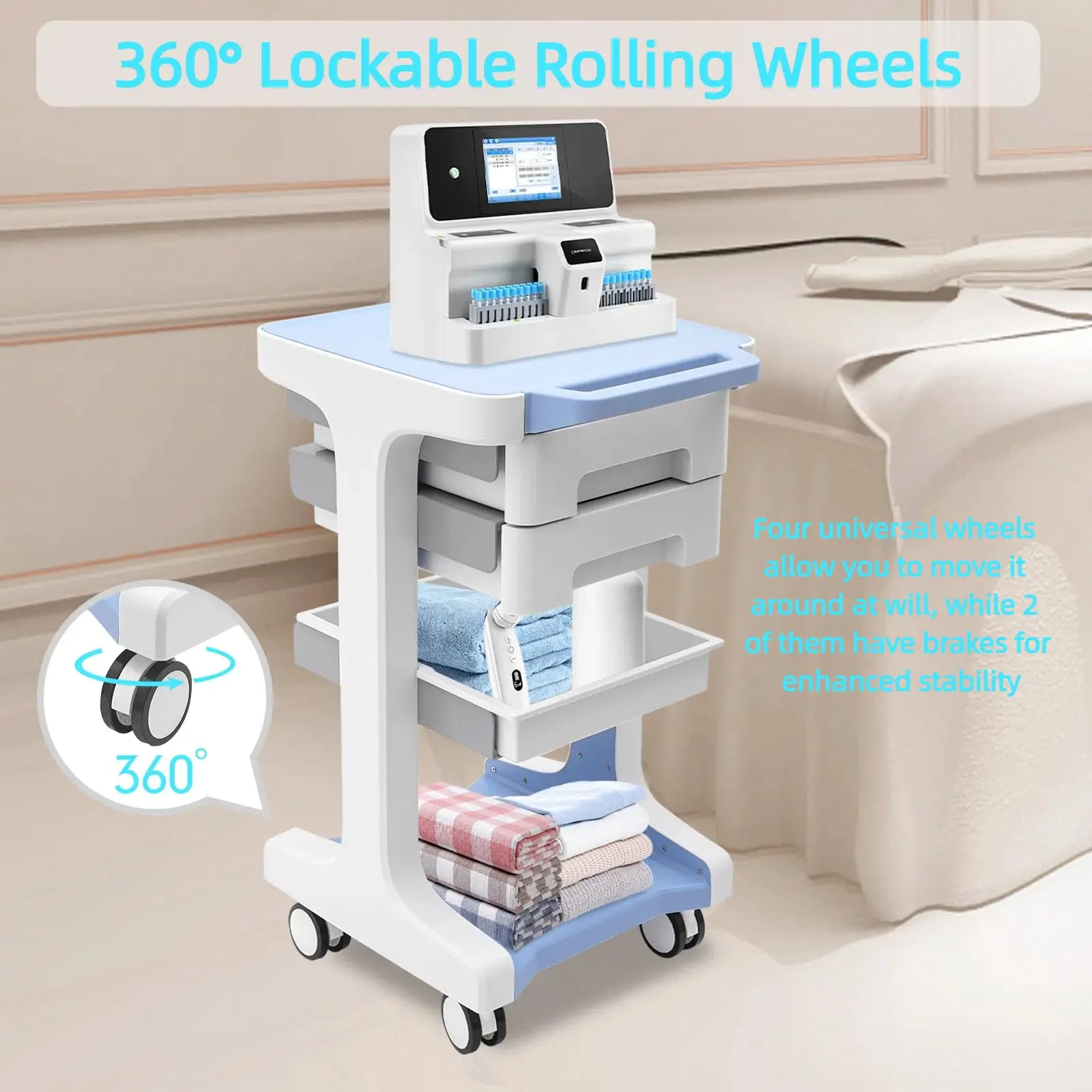 Carrinho profissional de salão de beleza com 3 camadas e 2 gavetas com rodas Carrinho utilitário com gavetas Carrinho de armazenamento móvel, carga máxima de 50 kg/110 lb,