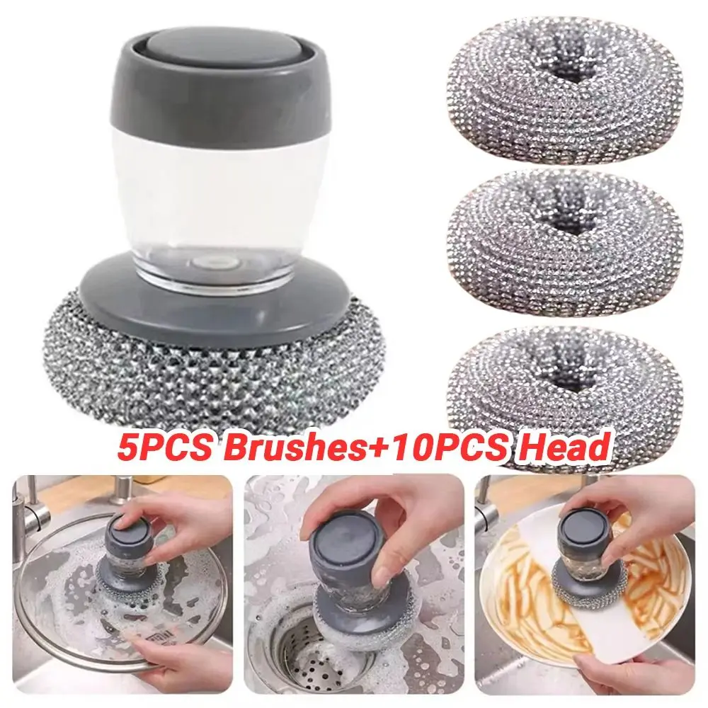 

5Pcs Creative Dish Cleaning Brush Liquid-added Ball Detergent Soap Dispenser Brush with 10Pcs Wire Head Press Type