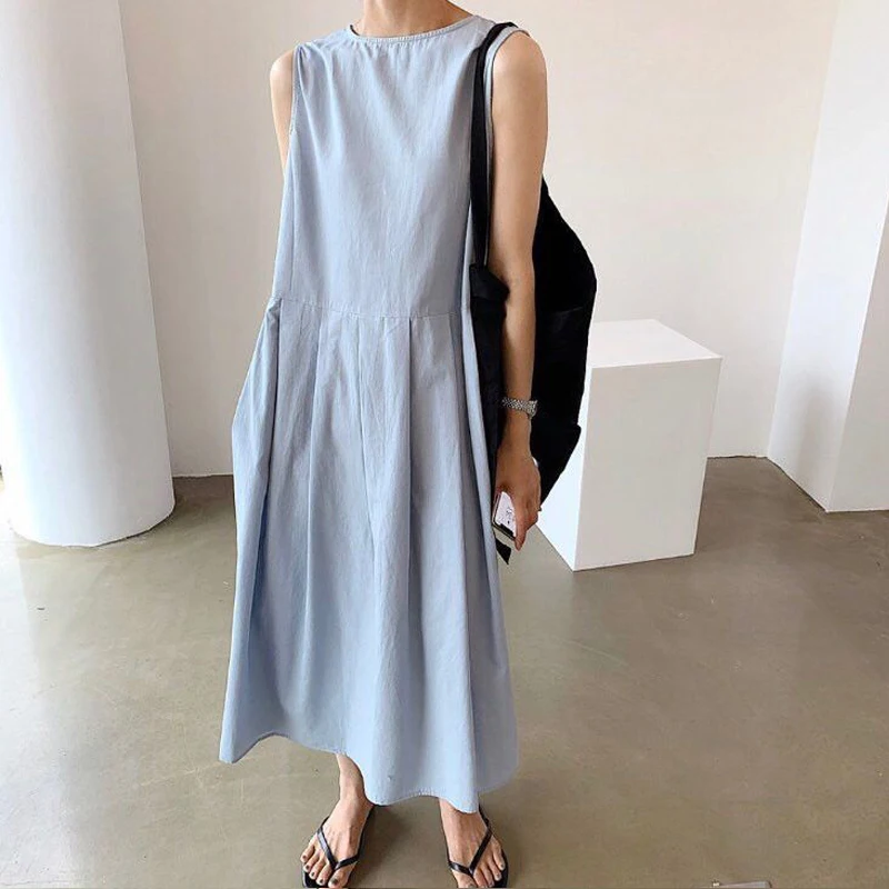 Johnature Korean Deep V-neck New Simple Women Dresses 2024 Summer New Casual Solid Color Loose Single-breasted Dress