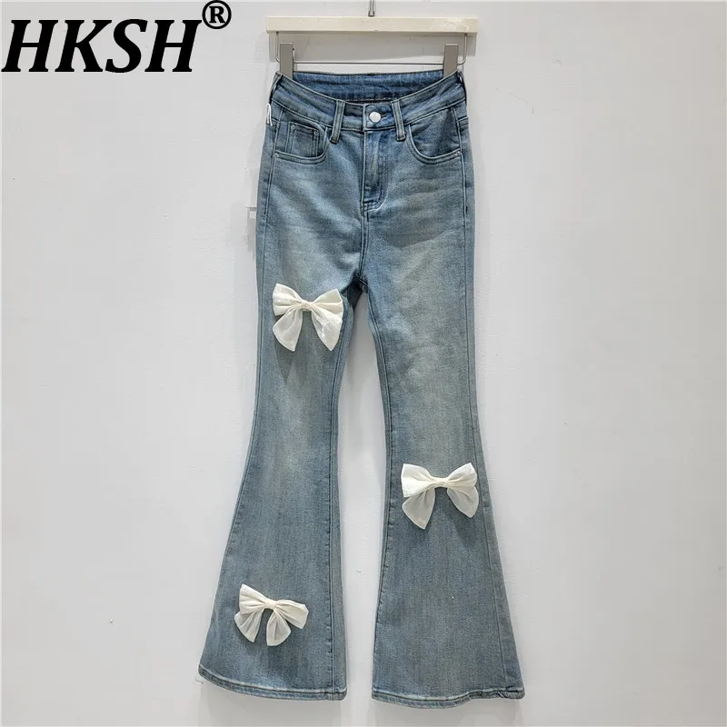 

HKSH Women Flared Jeans Distressed Denim Patchwork Bow Color Block Slimming Vintage Versatile Trendy Pants Spring Summer HK21897
