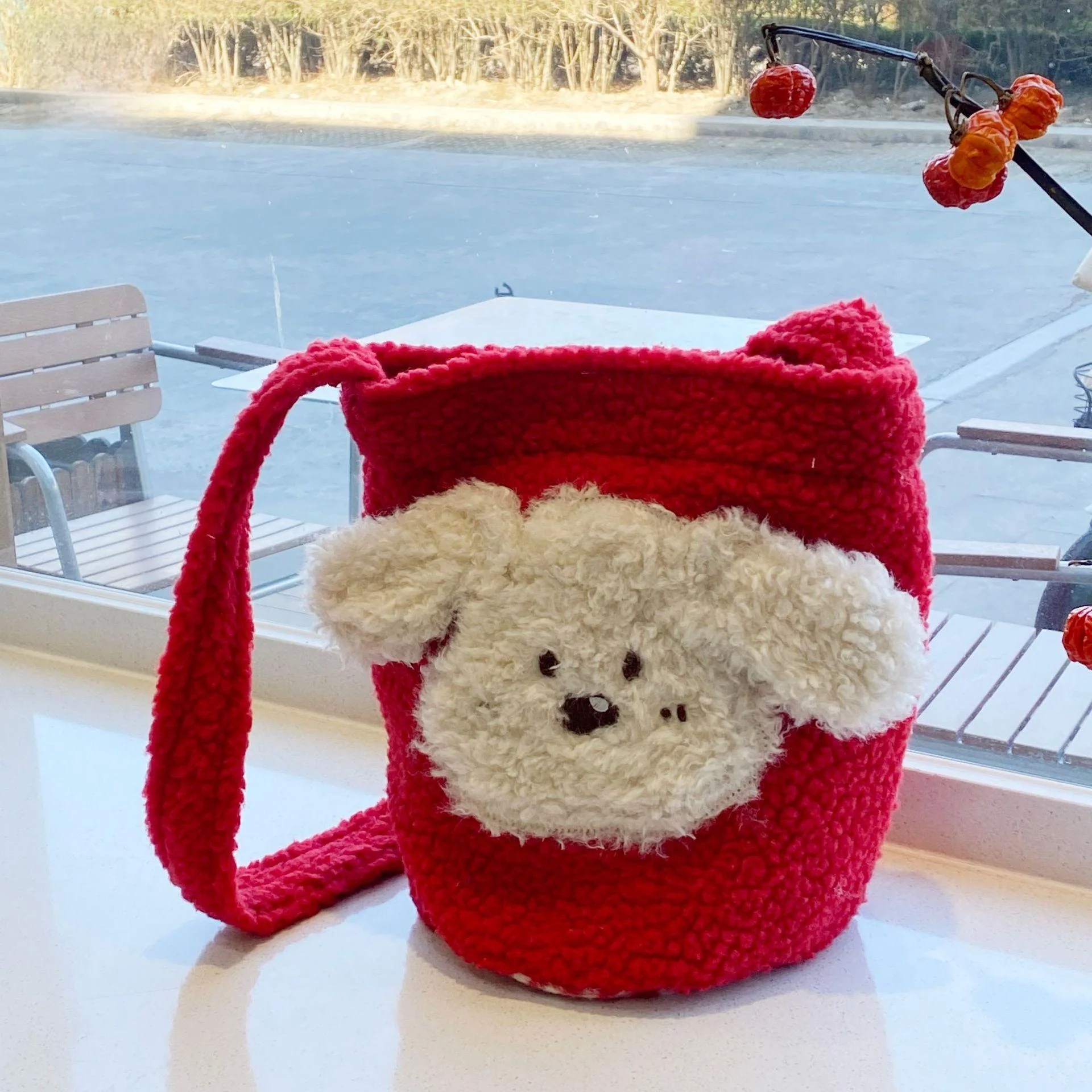 Cute Little Dog Bucket Bag Women's Fashionable Crossbody Plush round Cylinder Bag Single Strap Casual Cartoon Pattern Bag
